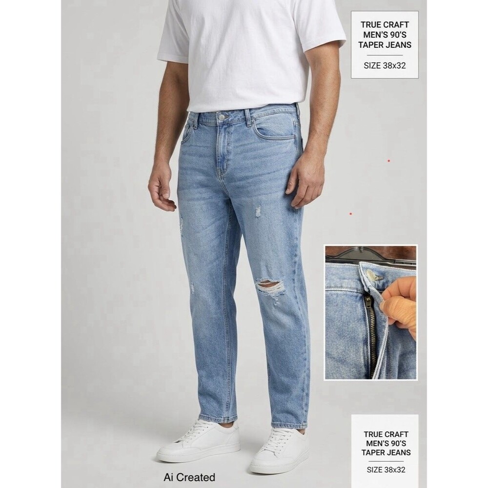 True Craft Mens 90s Taper Jeans Light Wash Distressed Stretch Size 38x32 NWT